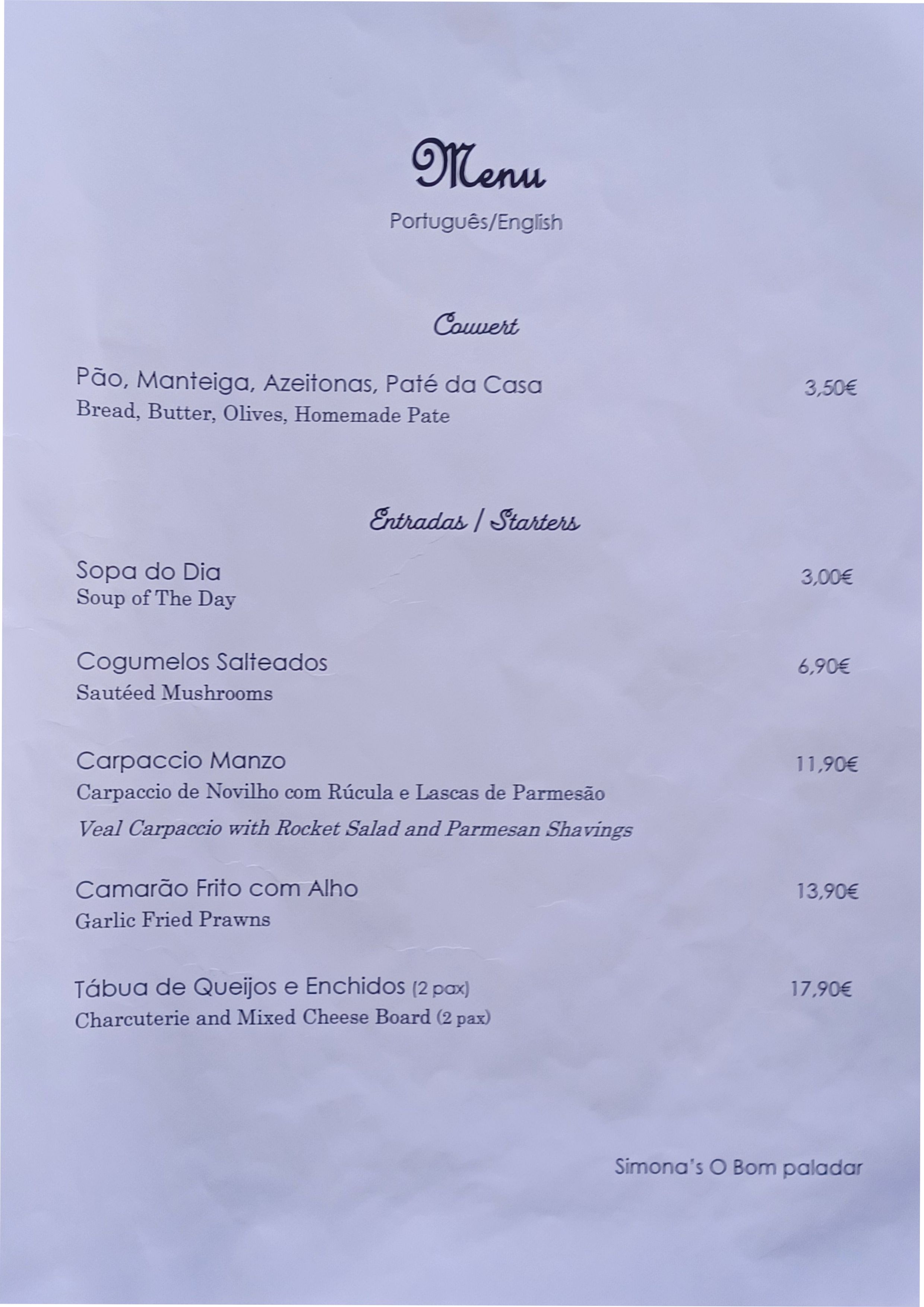 Menu RESTAURANTE BOM PALADAR página 1