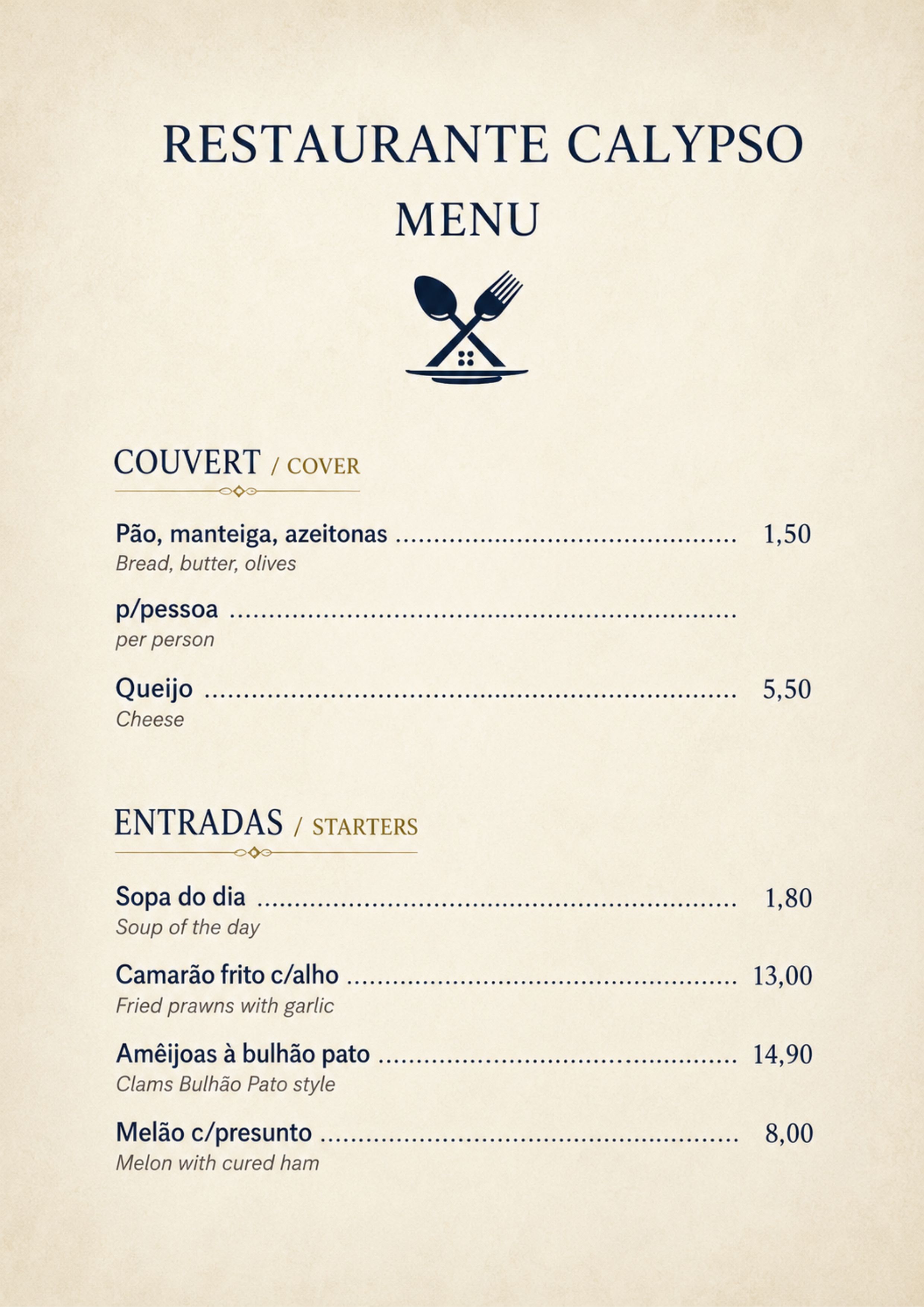 Menu RESTAURANTE CALYPSO página 1