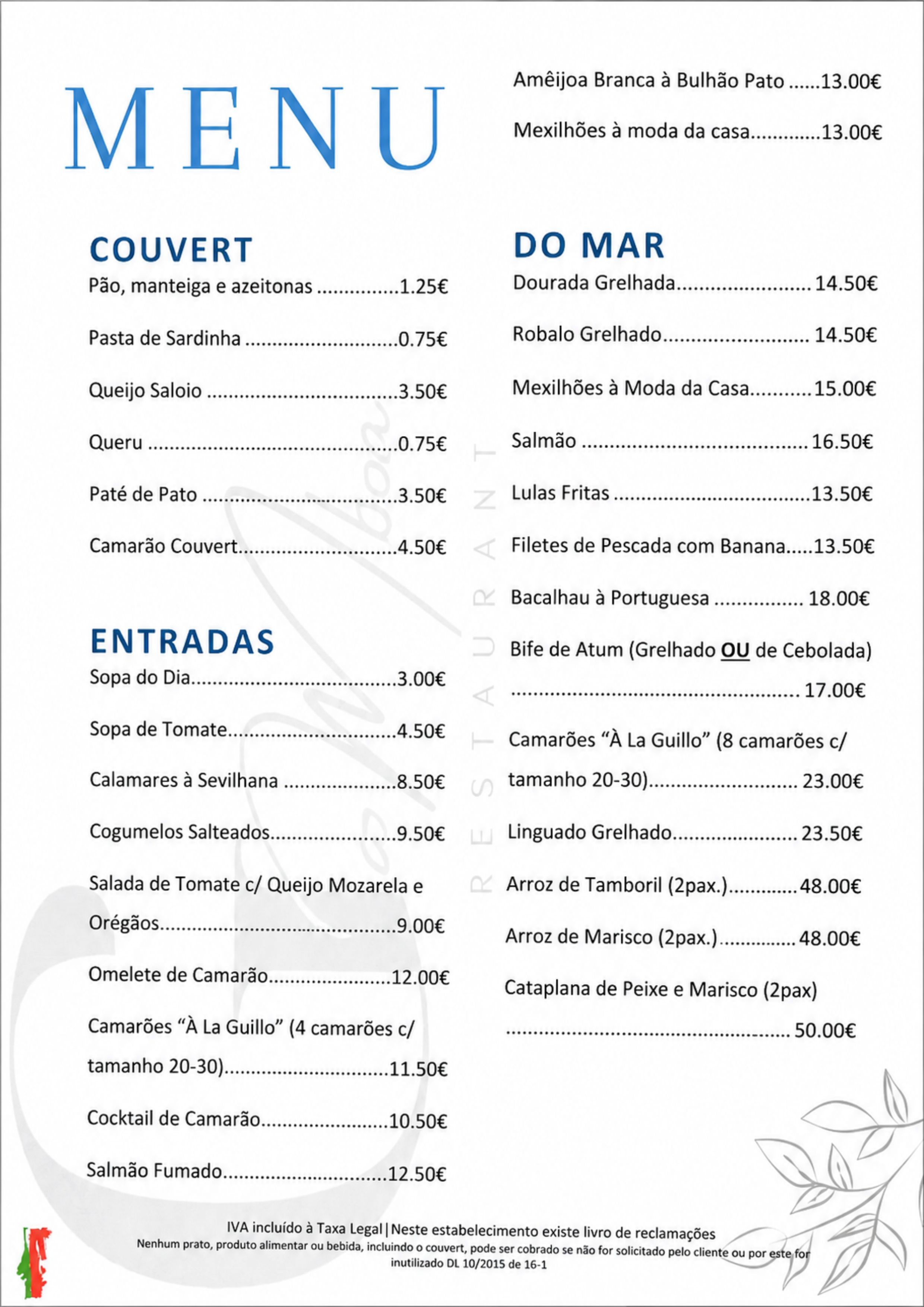 Menu RESTAURANTE GAMBOA página 1
