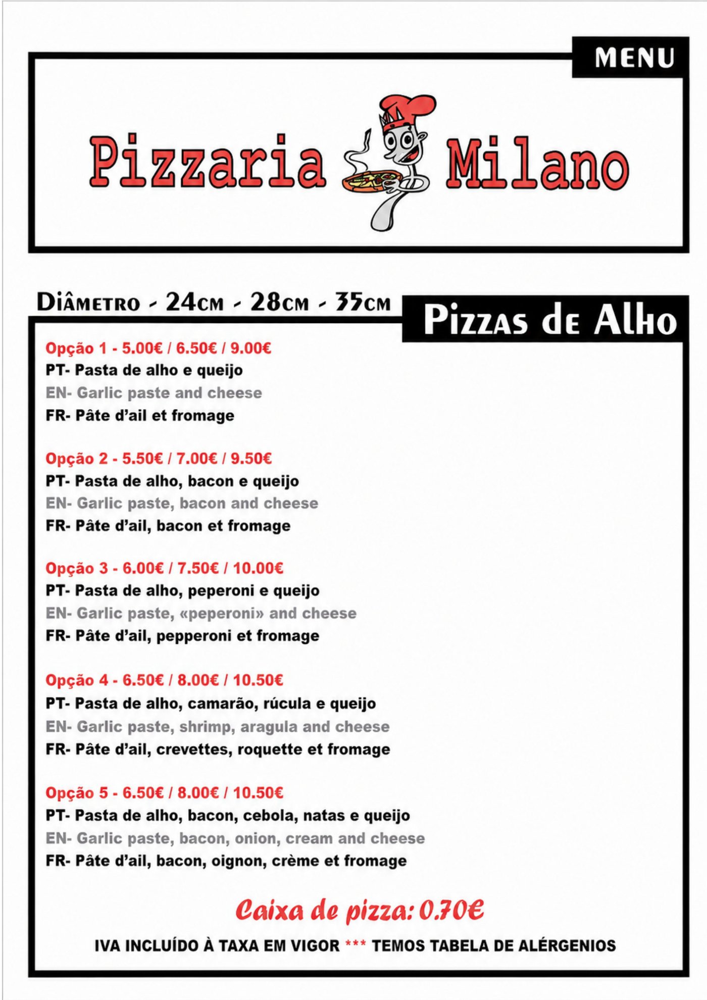 Menu PIZZARIA MILANO página 1
