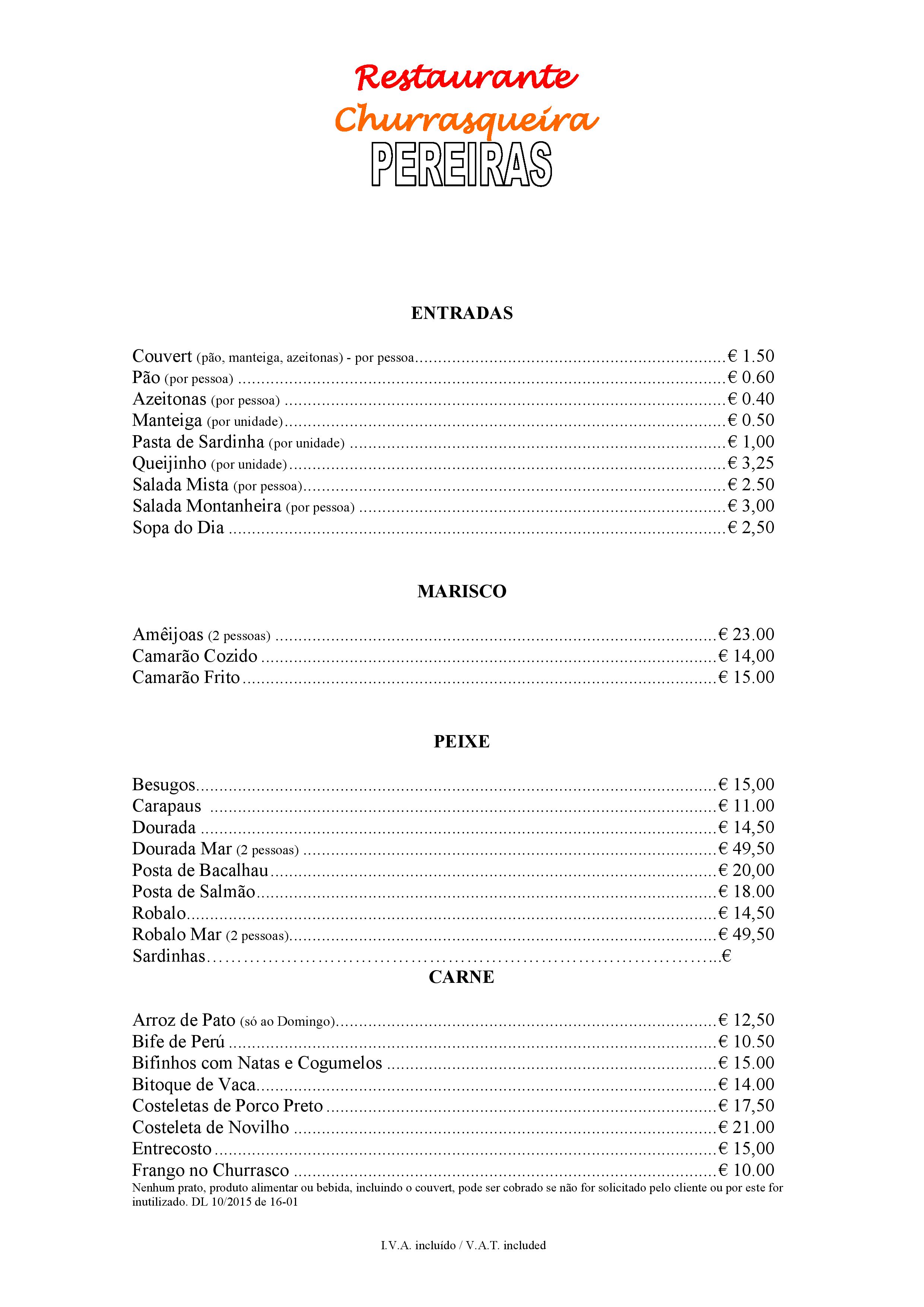 Menu RESTAURANTE PEREIRAS página 1