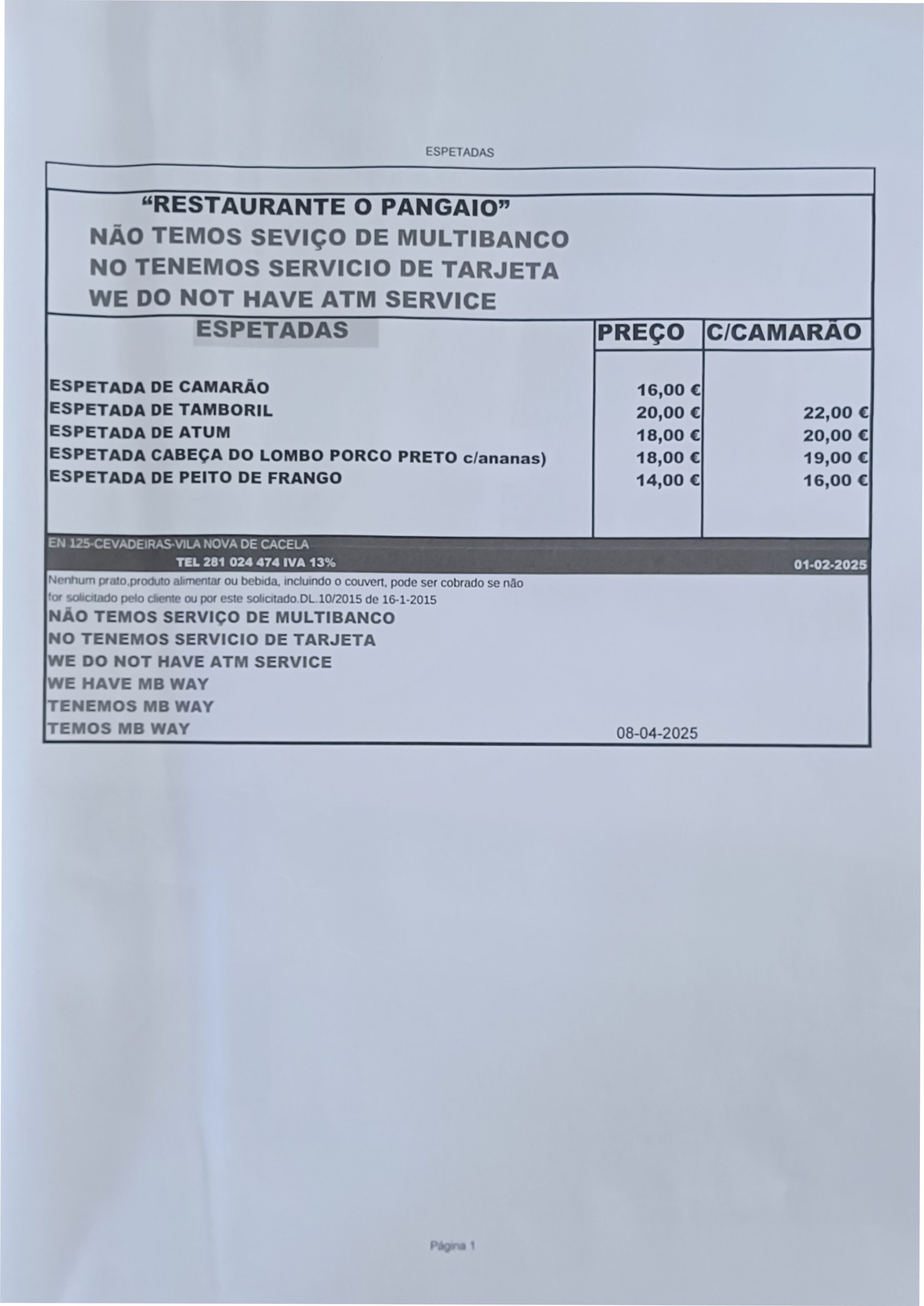 Menu O PANGAIO página 1