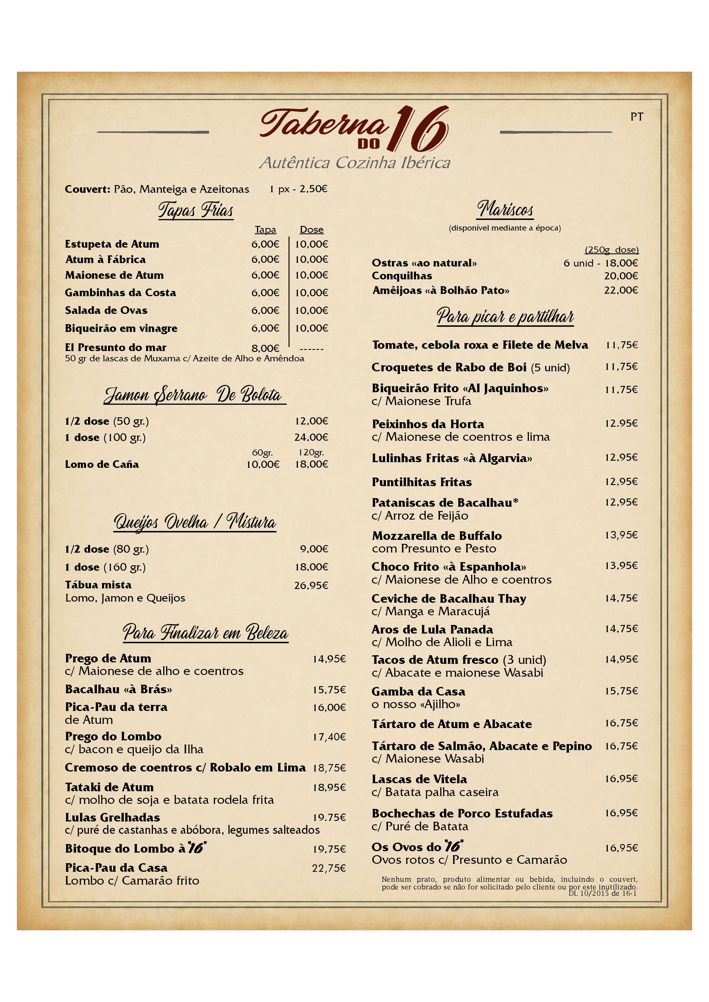 Menu TABERNA DO 16 página 1
